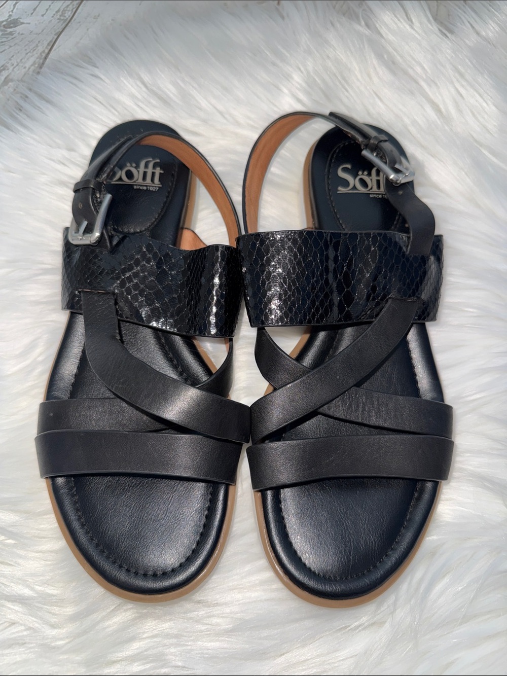 Sofft Black Leather Strappy Sandals with Snake-Print Accent